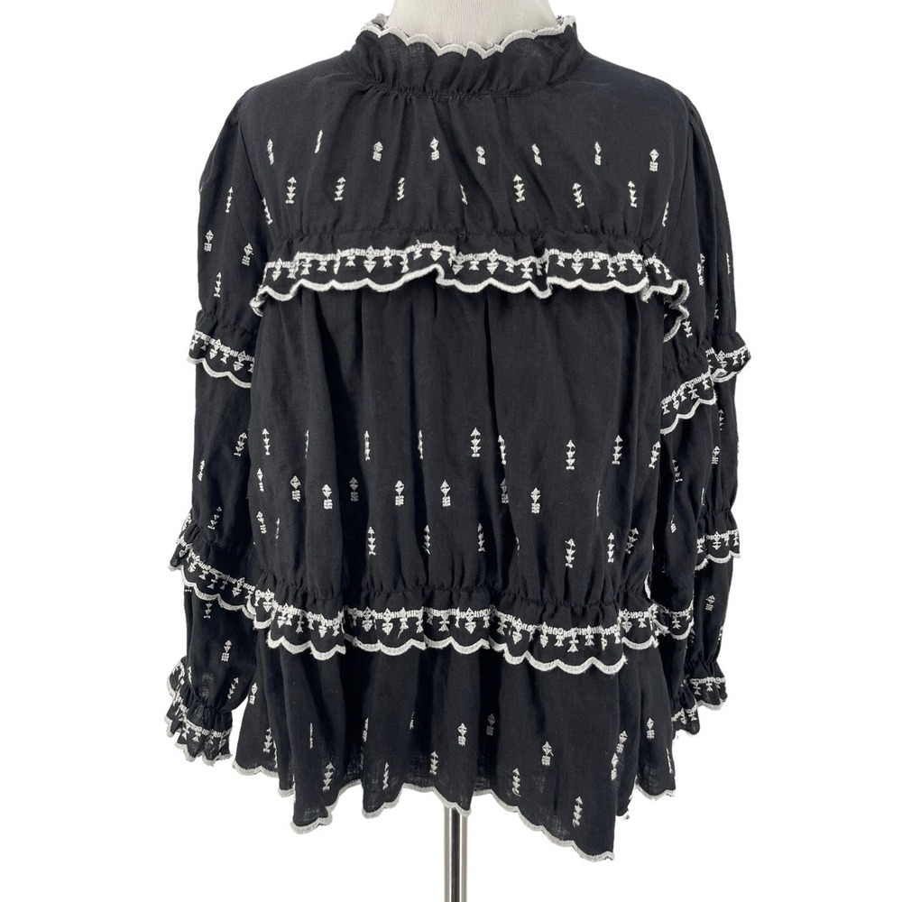 Isabel Marant Etoile Women's Black Embroidered Linen Long Sleeve Blouse Size 34